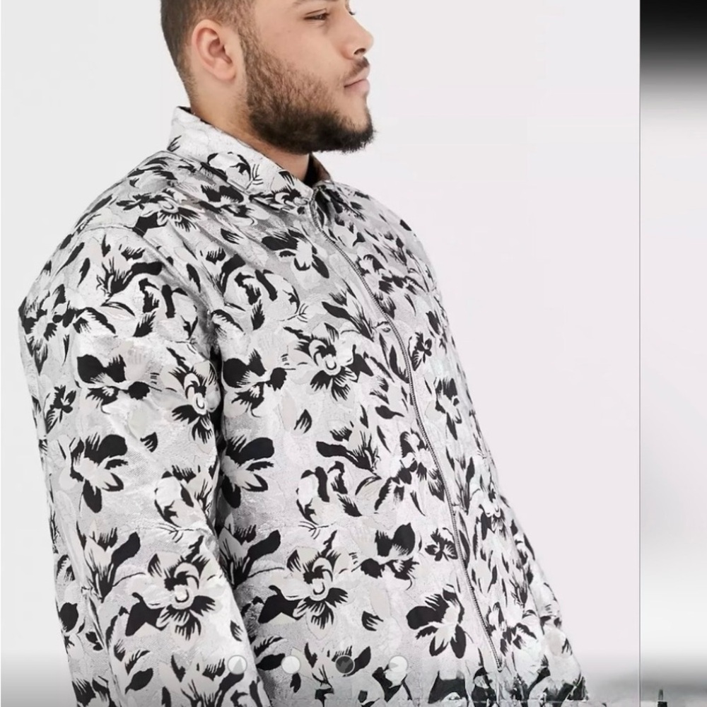 ASOS Edition Silver Metallic Shiny Black Floral Zip Shirt Jacket 2XL XXL 3XL - Picture 3 of 13